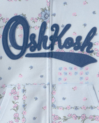 Girls Floral OshKosh Logo Zip-Up Hoodie - Blue