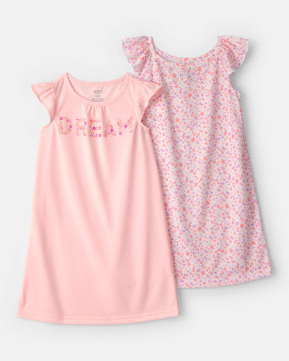Girls 2-Pack 'Dream' Floral Loose Fit Night Gown - Pink