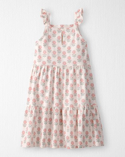 Girls Organic Cotton Tiered Dress in Rosebud Petal Print