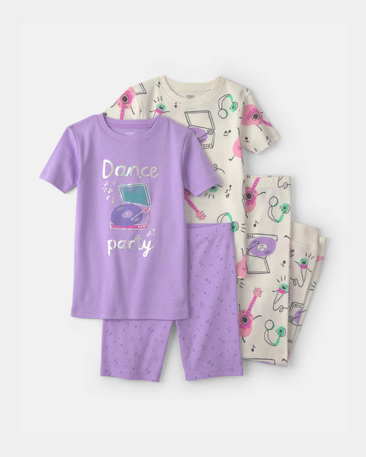 Girls Dance Party 100% Cotton 4-Piece Pajama Set - Purple