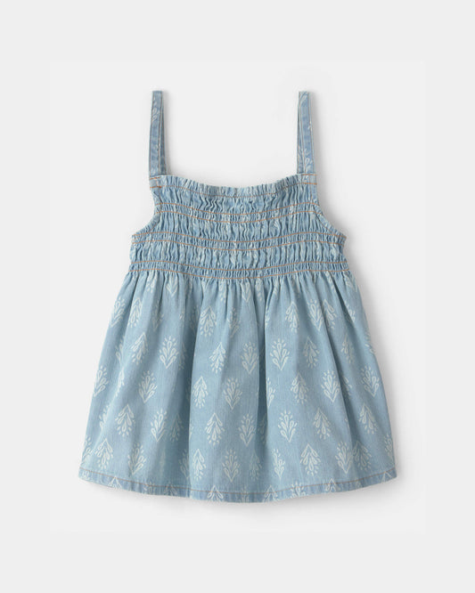Girls Chambray Floral Smocked Tank Top