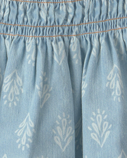 Girls Chambray Floral Smocked Tank Top