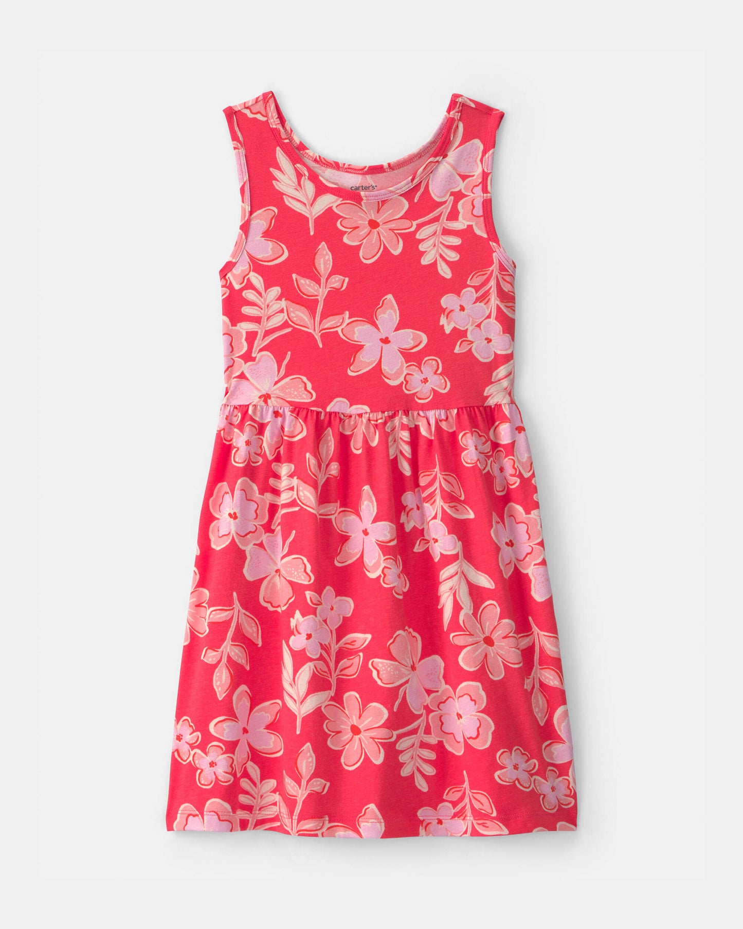 Girls Tropical Floral Sleeveless Knit Dress - Coral