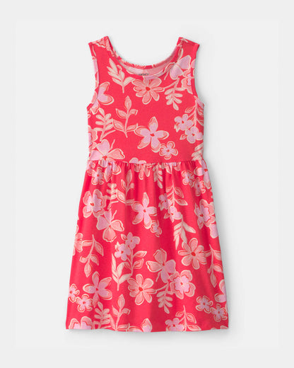 Girls Tropical Floral Sleeveless Knit Dress - Coral