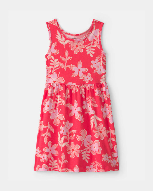 Girls Tropical Floral Sleeveless Knit Dress - Coral