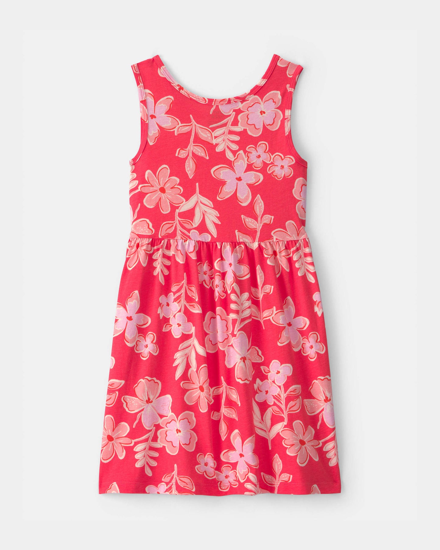 Girls Tropical Floral Sleeveless Knit Dress - Coral