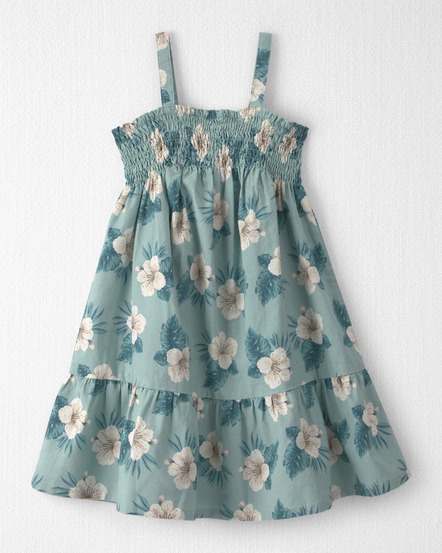 Girls Smocked Linen Dress Made with Organic Cotton in Blue Hibiscus