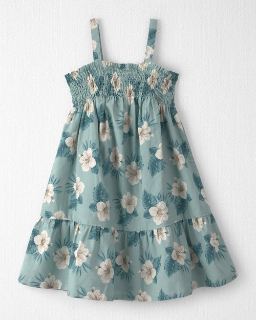 Girls Smocked Linen Dress Made with Organic Cotton in Blue Hibiscus