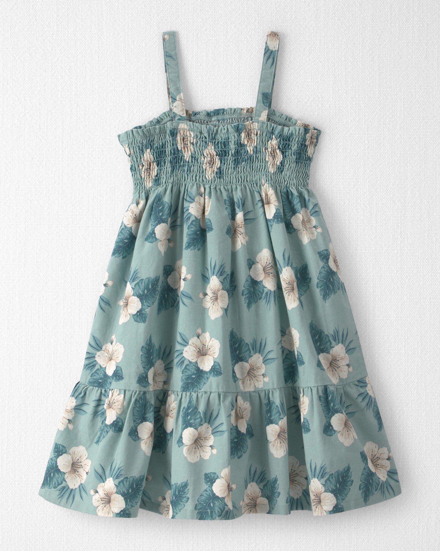 Girls Smocked Linen Dress Made with Organic Cotton in Blue Hibiscus