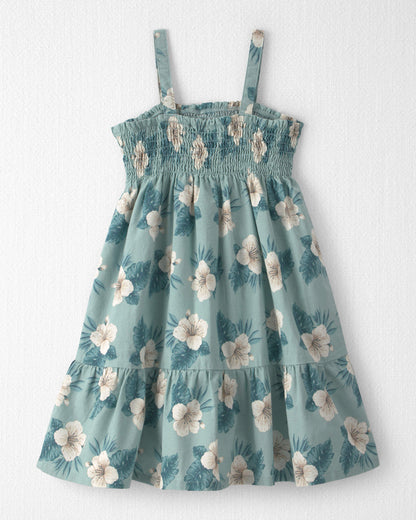 Girls Smocked Linen Dress Made with Organic Cotton in Blue Hibiscus