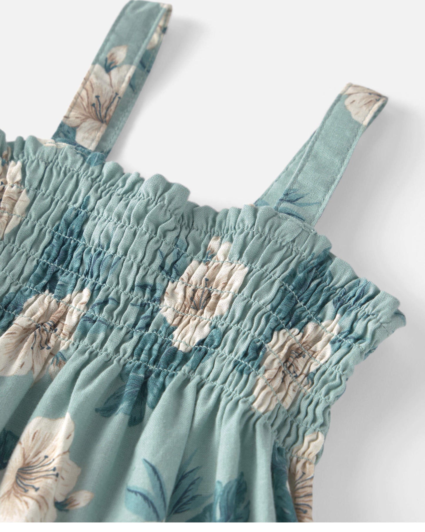 Girls Smocked Linen Dress Made with Organic Cotton in Blue Hibiscus