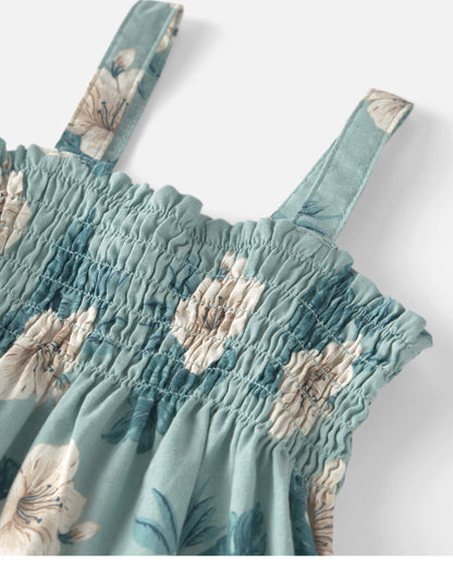 Girls Smocked Linen Dress Made with Organic Cotton in Blue Hibiscus
