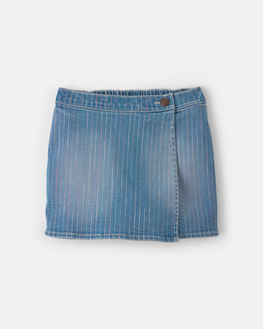 Girls Rainbow Stripe Denim Wrap Skort - Medium Wash