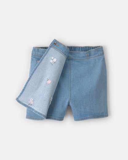 Girls Floral Embroidered Denim Wrap Skort - Medium Wash