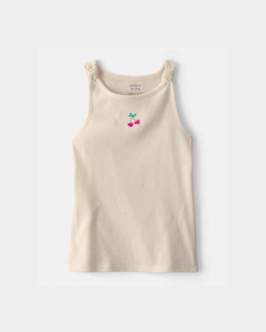 Girls Cherry Embroidered Tank Top - Ivory