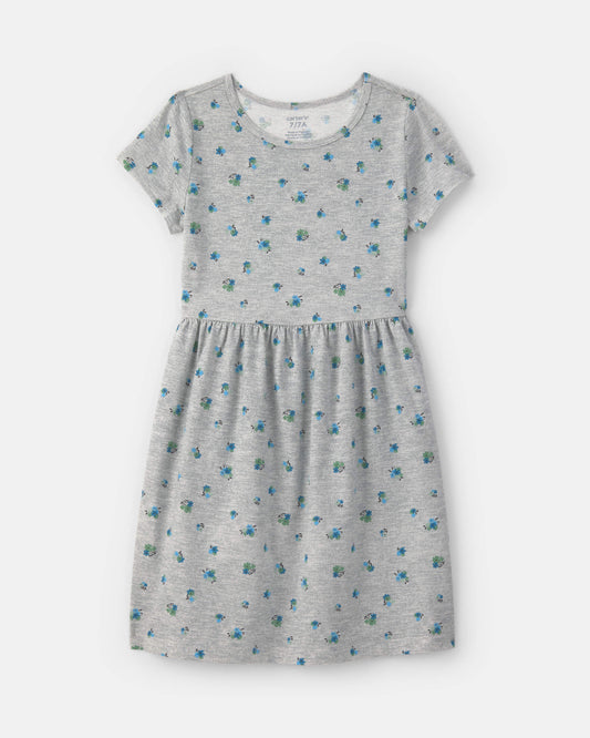 Girls Floral Short-Sleeve Dress - Grey
