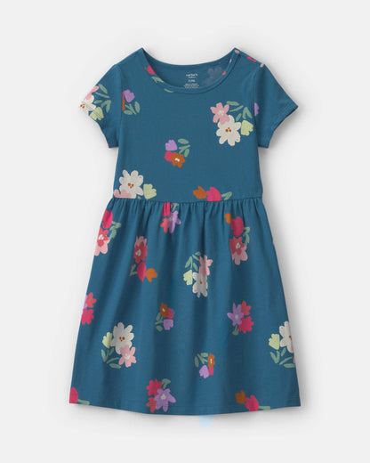 Girls Floral Short-Sleeve Dress - Navy Blue