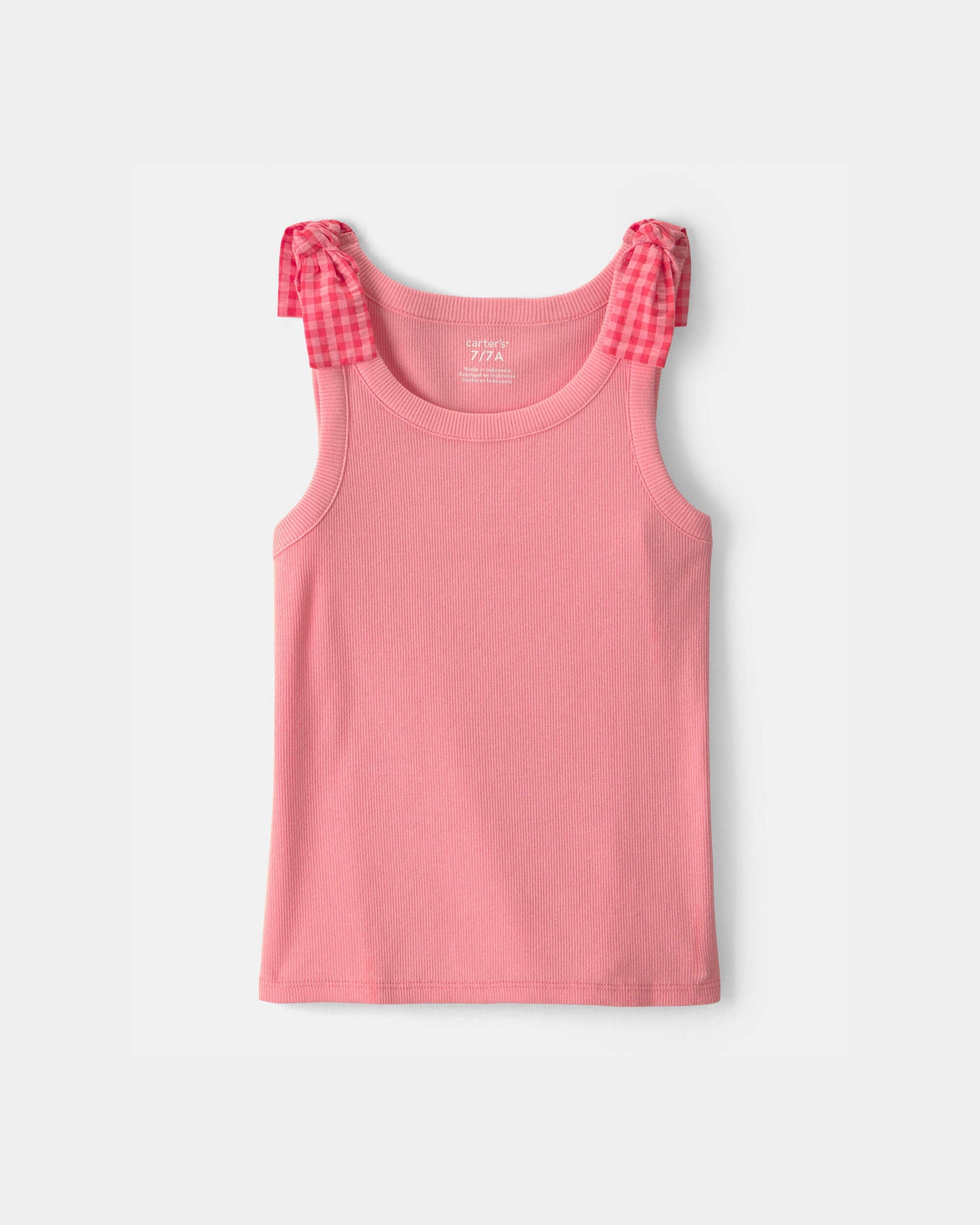 Girls Gingham Bow-Sleeve Tank Top - Coral