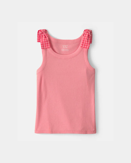 Girls Gingham Bow-Sleeve Tank Top - Coral