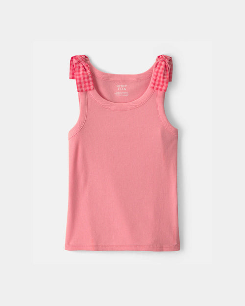 Girls Gingham Bow-Sleeve Tank Top - Coral