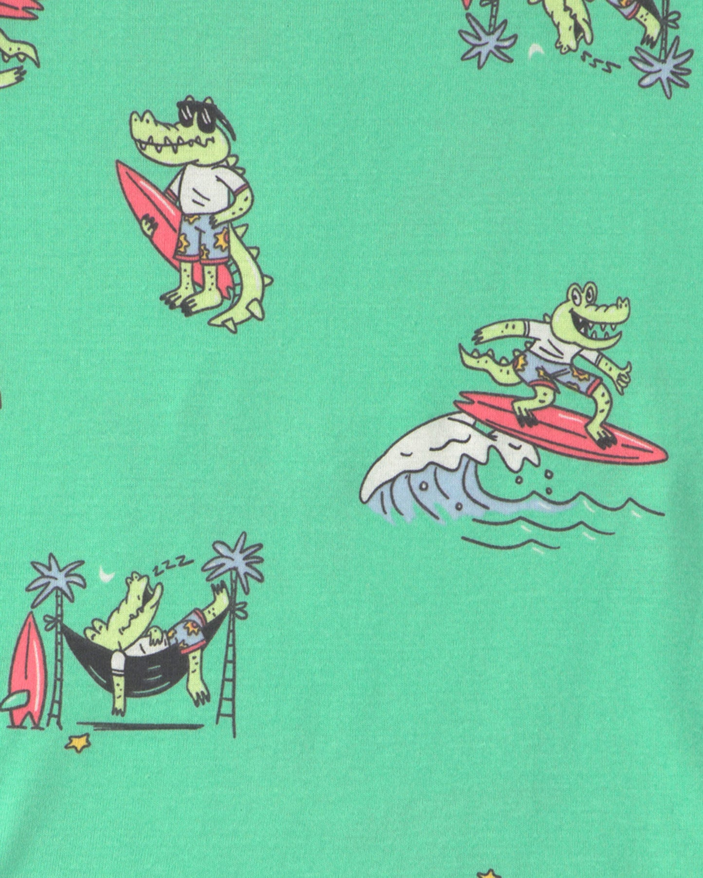 Boys Alligator Surfing 100% Cotton 4-Piece Pajama Set - Green