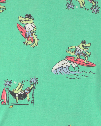 Boys Alligator Surfing 100% Cotton 4-Piece Pajama Set - Green