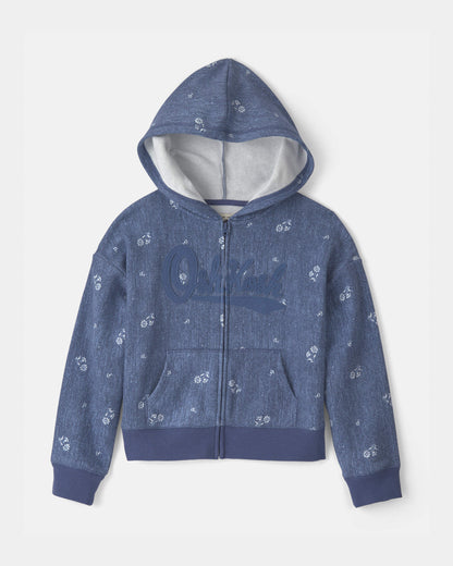 Girls Floral OshKosh Logo Zip-Up Hoodie - Blue