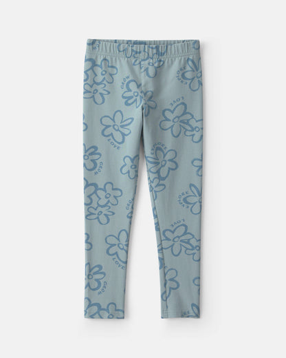 Kids Floral Pull-On Stretch Leggings - Blue