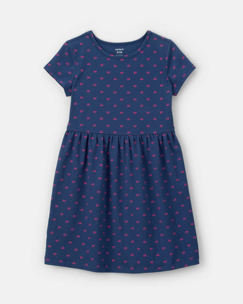Girls Bow Short-Sleeve Dress - Navy Blue