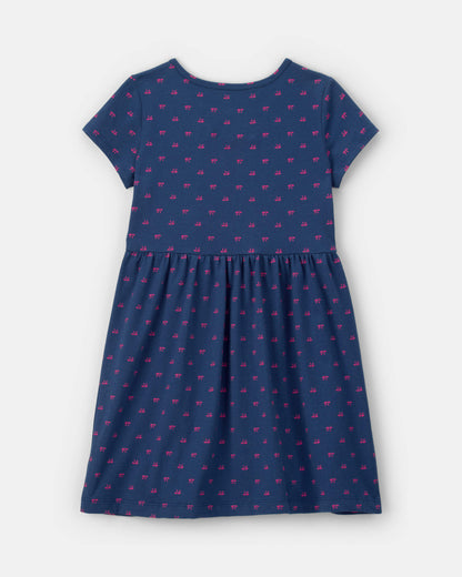 Girls Bow Short-Sleeve Dress - Navy Blue