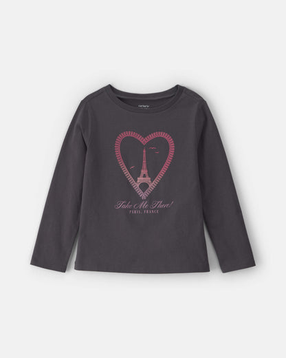 Girls Paris Heart Long-Sleeve Graphic Tee - Black
