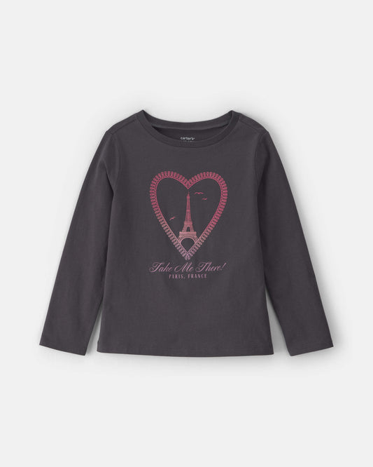 Girls Paris Heart Long-Sleeve Graphic Tee - Black