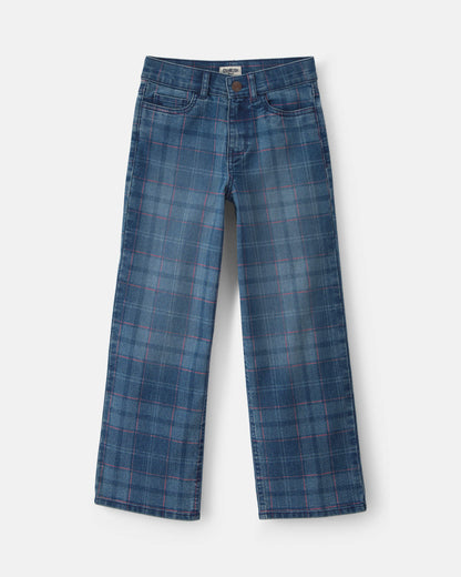 Girls Plaid Denim Wide-Leg Jeans - Medium Wash