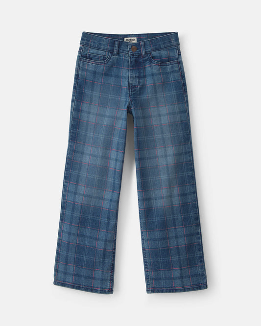 Girls Plaid Denim Wide-Leg Jeans - Medium Wash