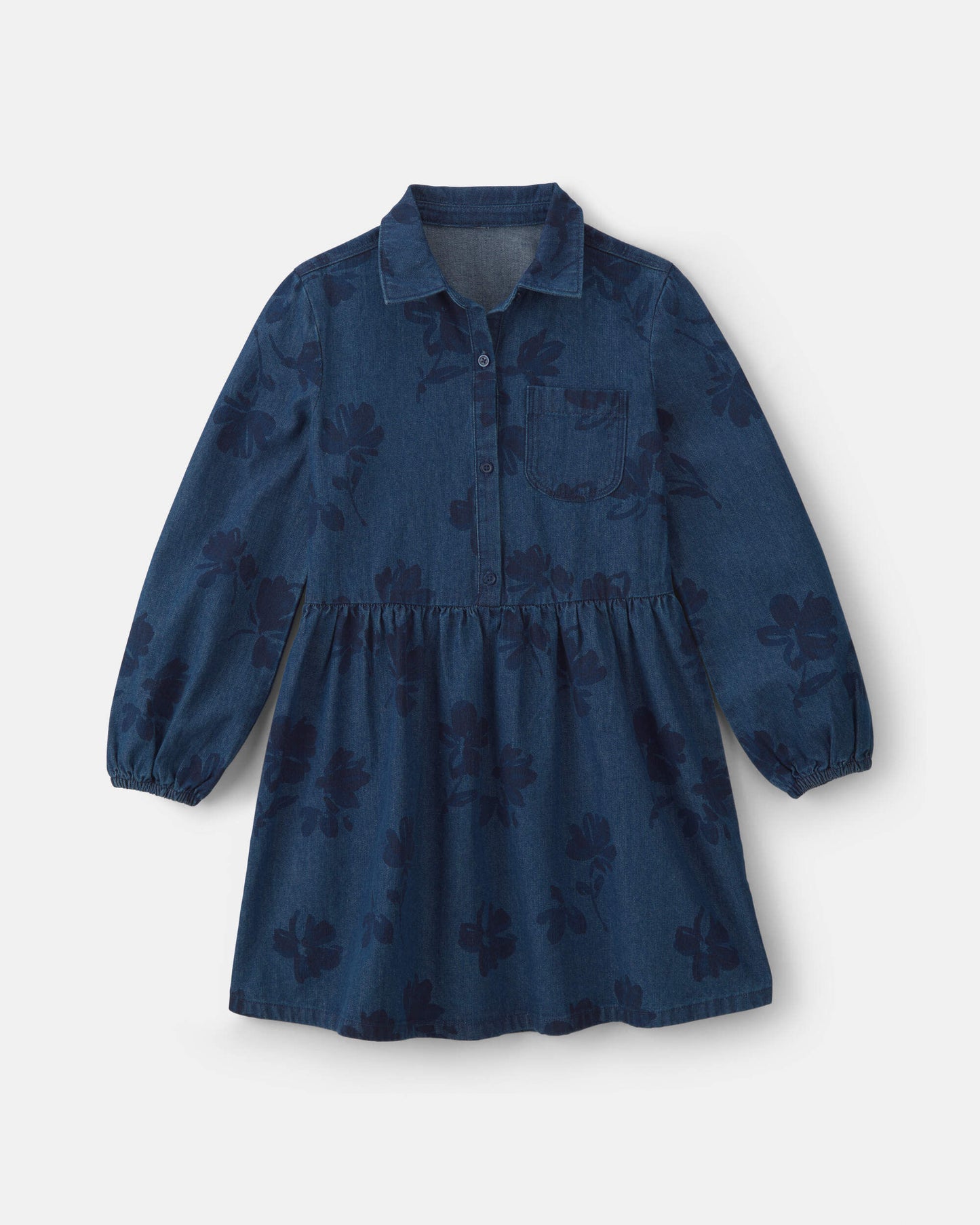 Girls Floral Denim Long-Sleeve Dress - Dark Wash