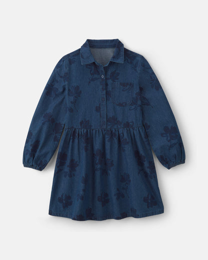 Girls Floral Denim Long-Sleeve Dress - Dark Wash