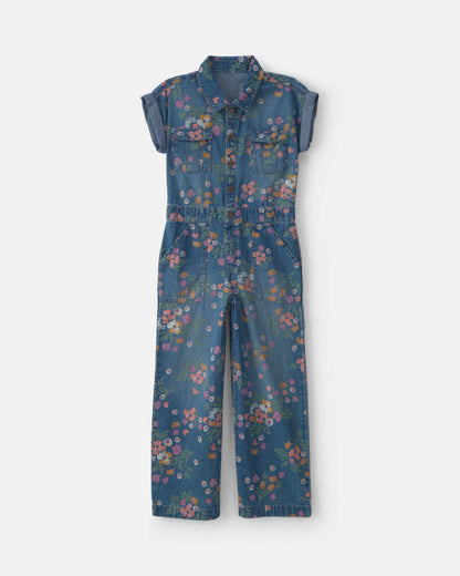 Girls Floral Denim Short-Sleeve Jumpsuit - Dark Wash