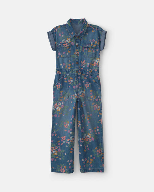 Girls Floral Denim Short-Sleeve Jumpsuit - Dark Wash