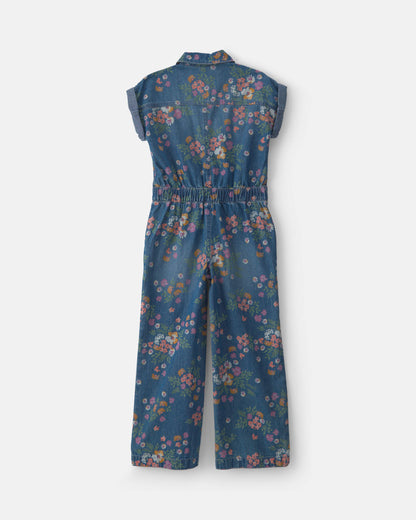 Girls Floral Denim Short-Sleeve Jumpsuit - Dark Wash