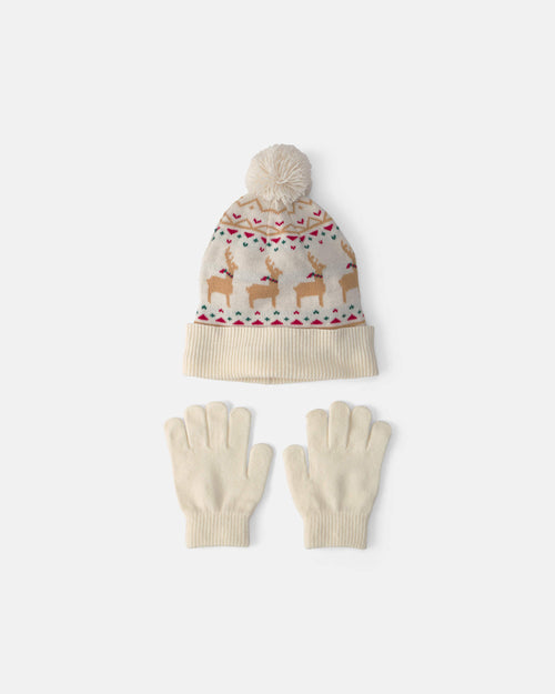 Kids 2-Piece Fair Isle Christmas Beanie & Glove Set - Cream