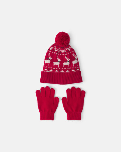 Kids 2-Piece Fair Isle Christmas Beanie & Glove Set - Red