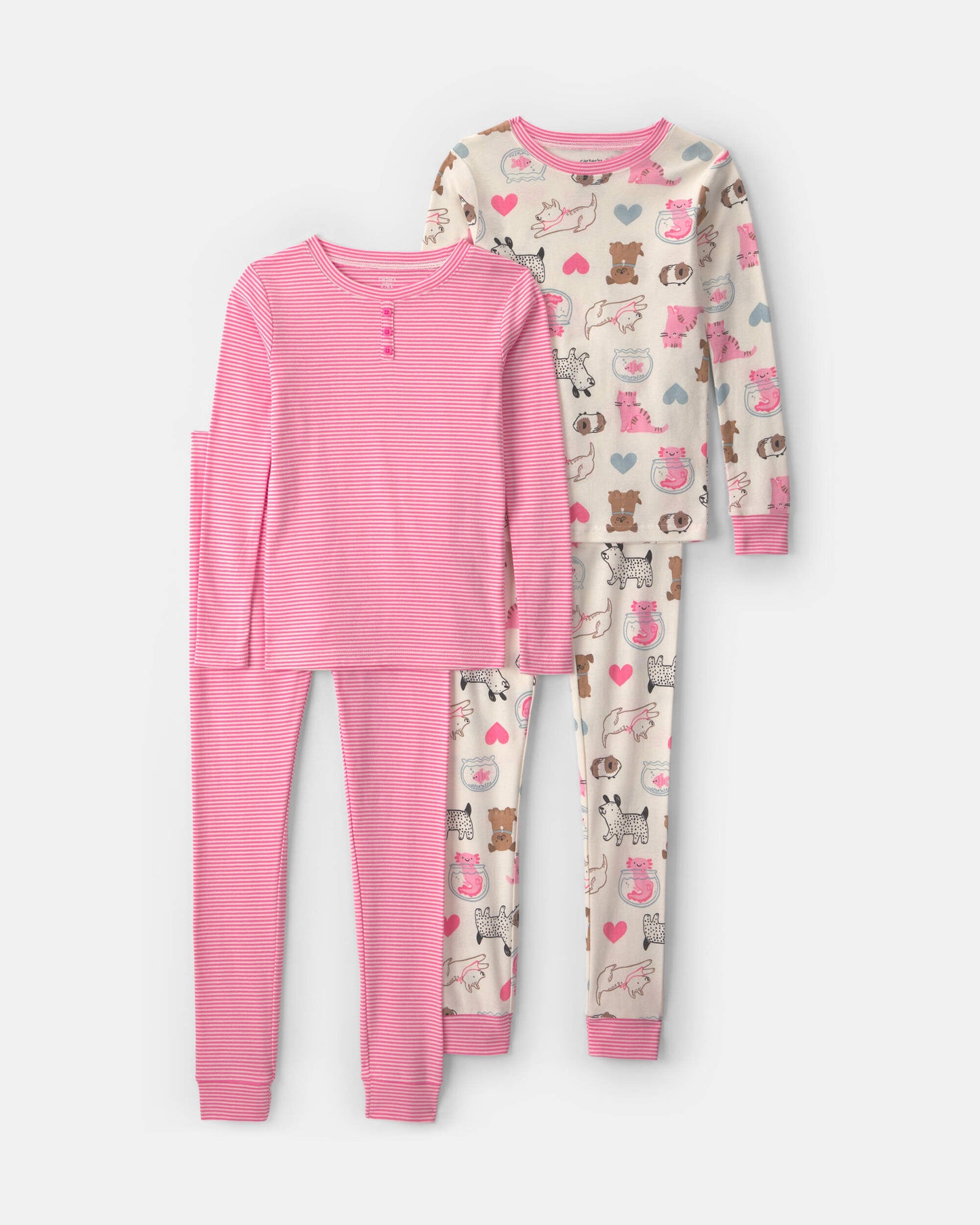 Girls 4-Piece Pets 100% Cotton Snug Fit Pajama Set - Pink/Cream