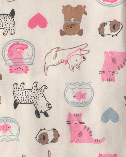 Girls 4-Piece Pets 100% Cotton Snug Fit Pajama Set - Pink/Cream