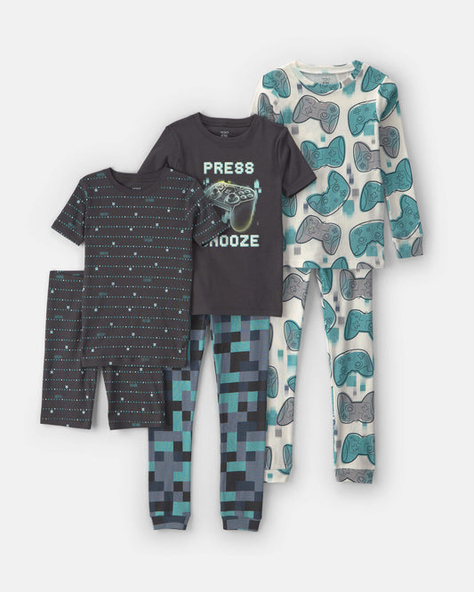 Boys Gaming 100% Cotton 6-Piece Pajama Sets - Teal/Black