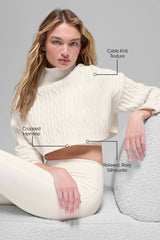 Cable Knit Cropped Winter Bliss Turtleneck Long Sleeve - Ivory