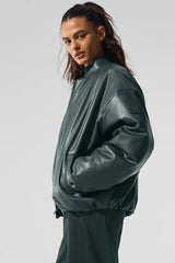 Faux Leather Premier Bomber - Charcoal Green