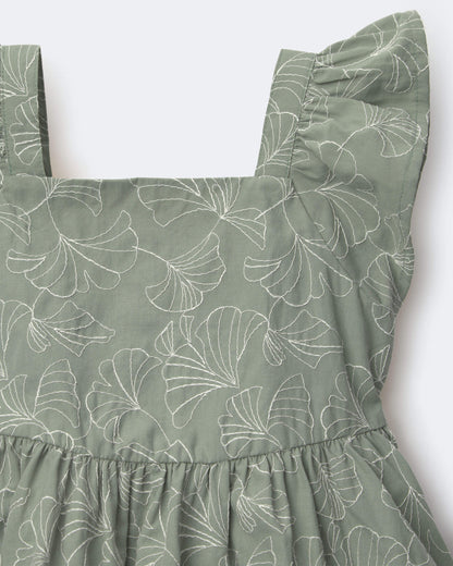 Toddler Girl Embroidered Flutter Sleeve Dress in Floral Print - Green