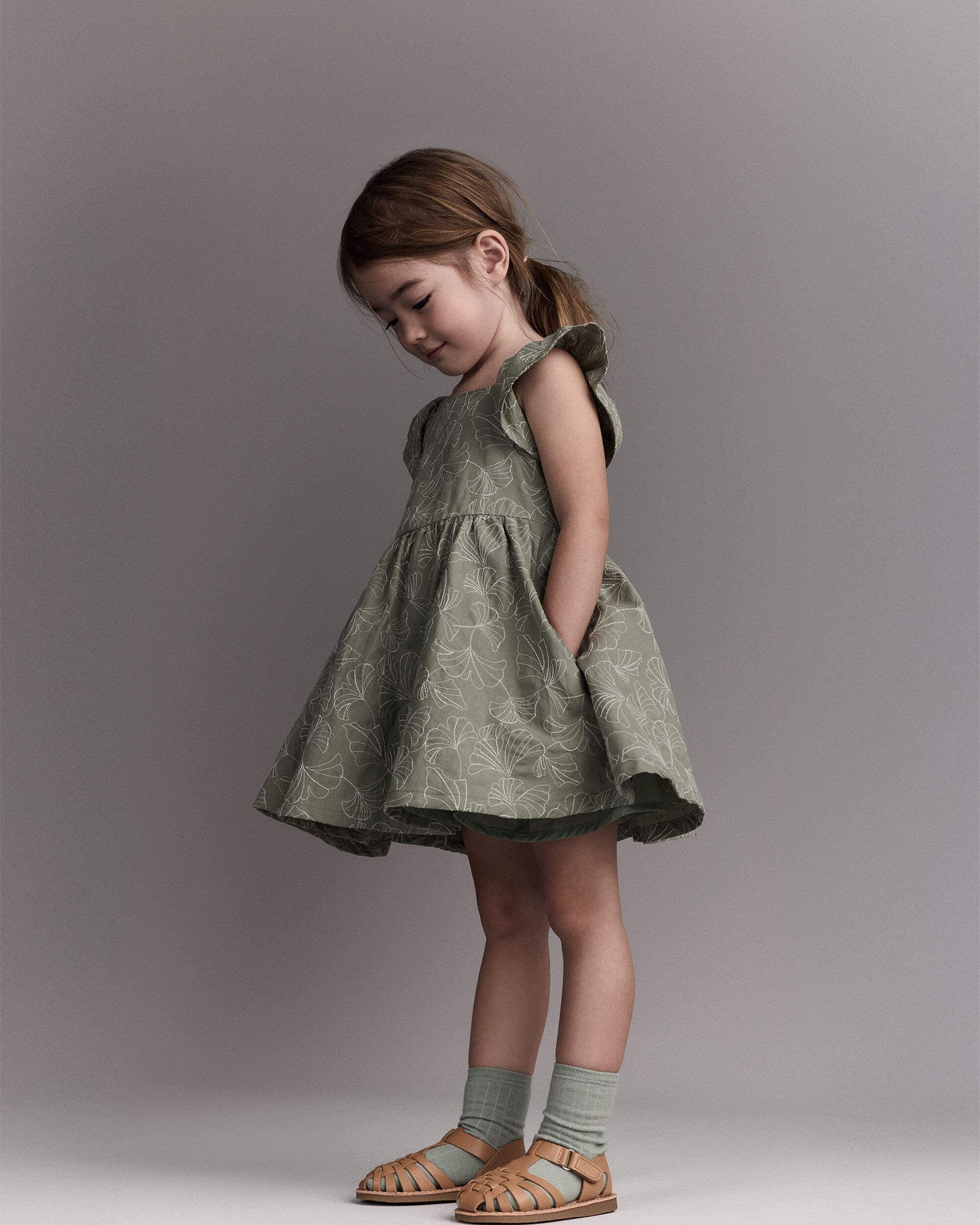 Toddler Girl Embroidered Flutter Sleeve Dress in Floral Print - Green