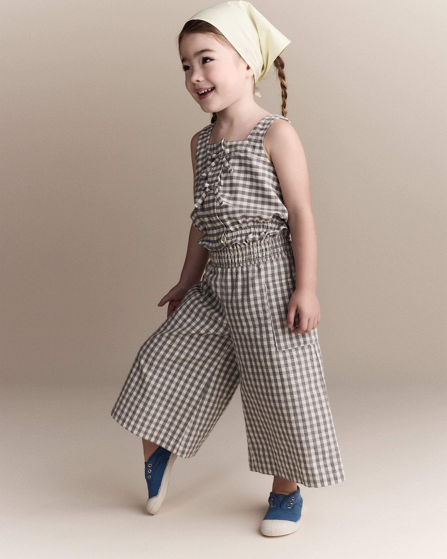 Toddler Girl Gingham Peplum Top with Bows - Cream/Grey