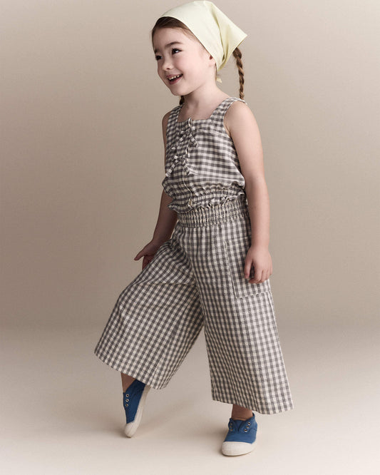 Toddler Girl Gingham Peplum Top with Bows - Cream/Grey
